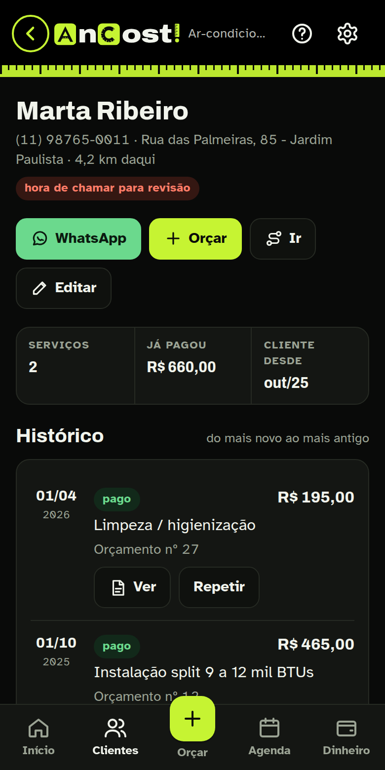 Ficha do cliente com histórico de serviços