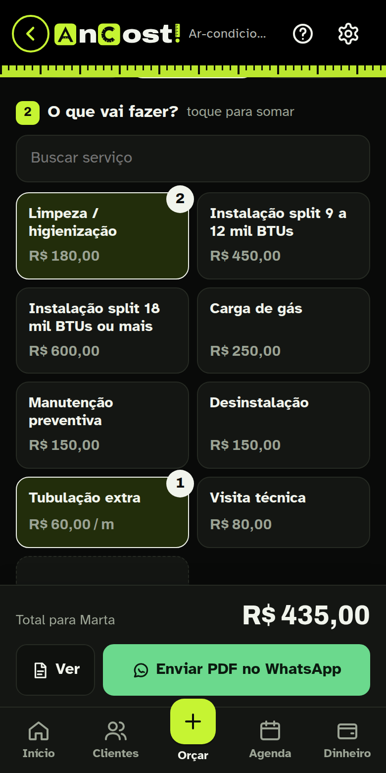 Montando um orçamento: serviços com preço e quantidade