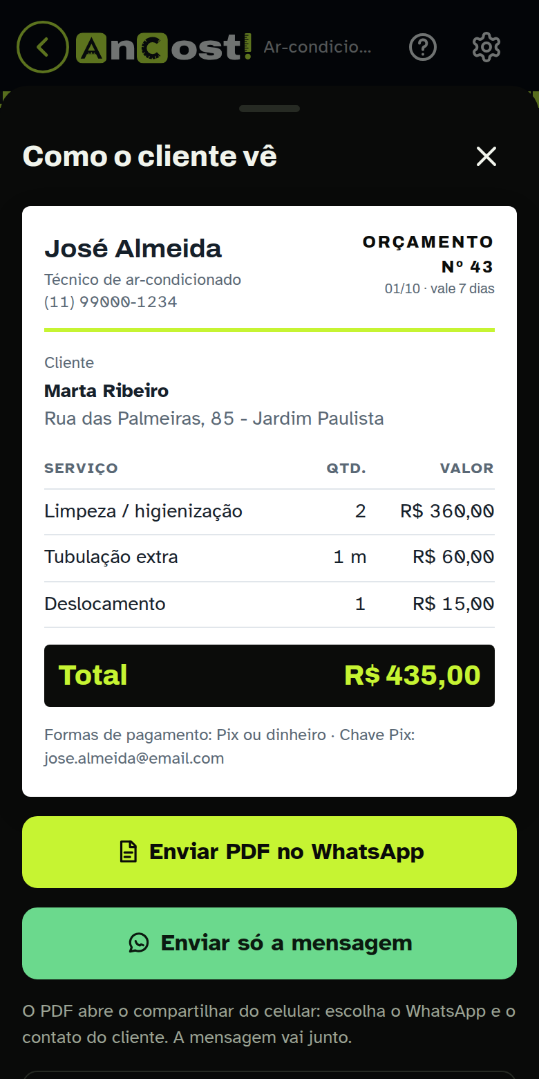 Orçamento pronto, como o cliente recebe, com botão para enviar em PDF